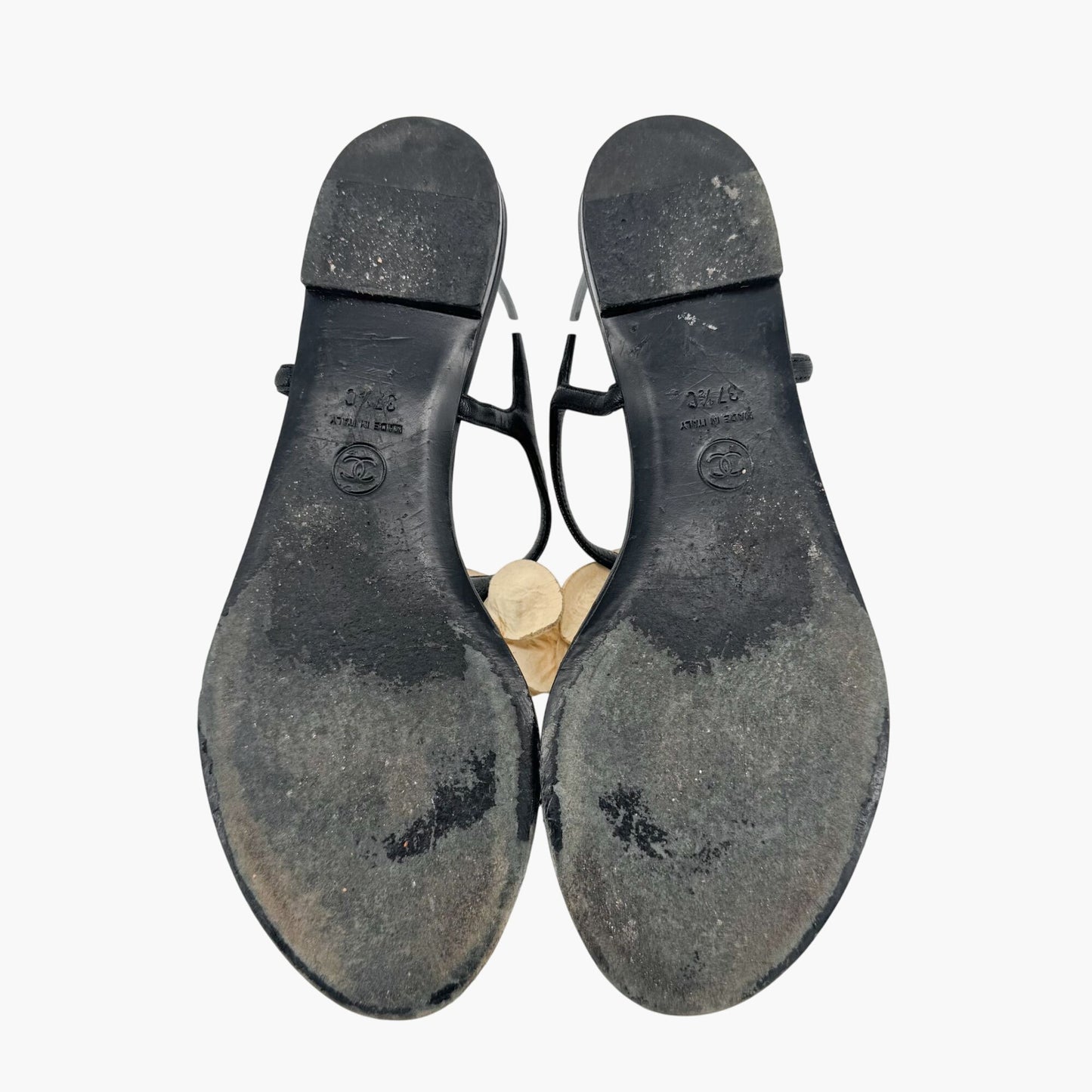 Chanel Camellia CC T-Strap Flat Sandals in Black & Ivory Leather Size 37.5C