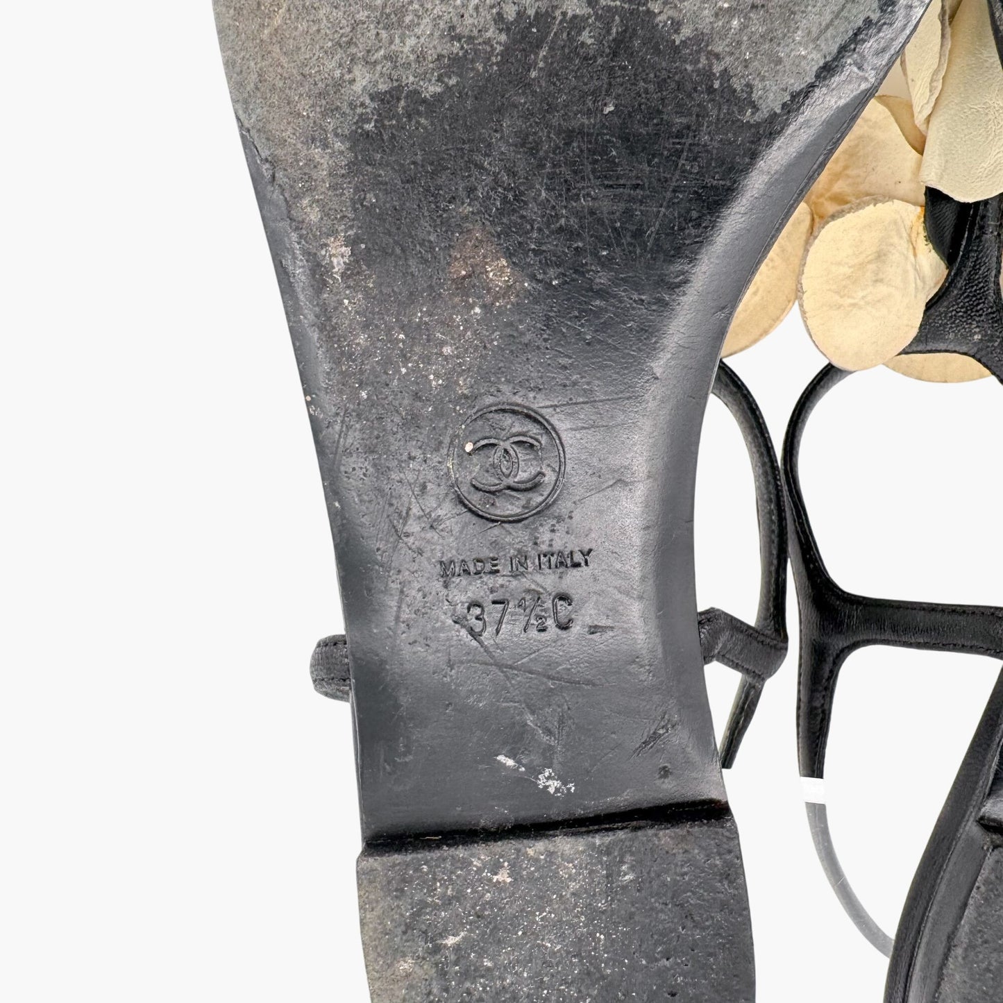 Chanel Camellia CC T-Strap Flat Sandals in Black & Ivory Leather Size 37.5C