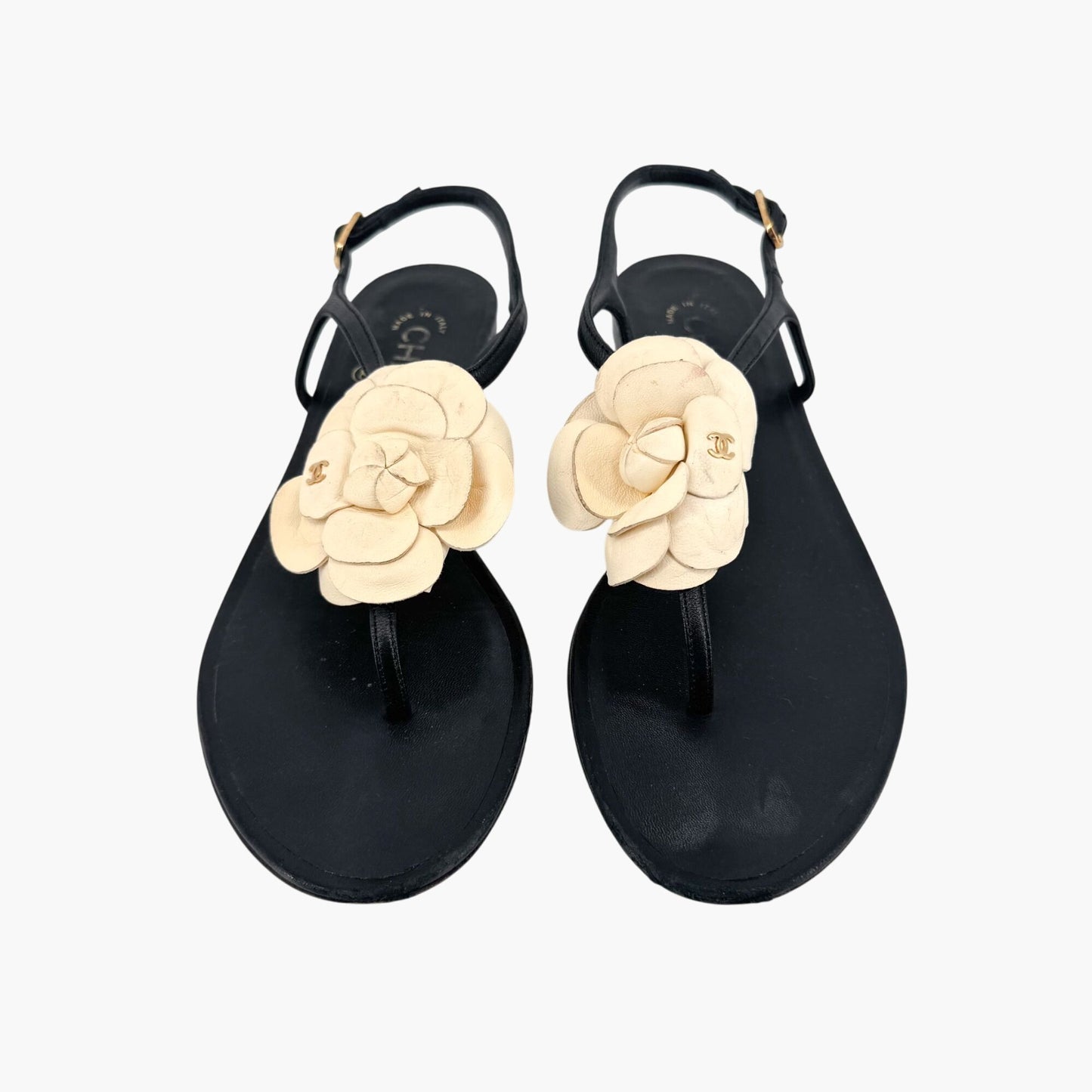 Chanel Camellia CC T-Strap Flat Sandals in Black & Ivory Leather Size 37.5C