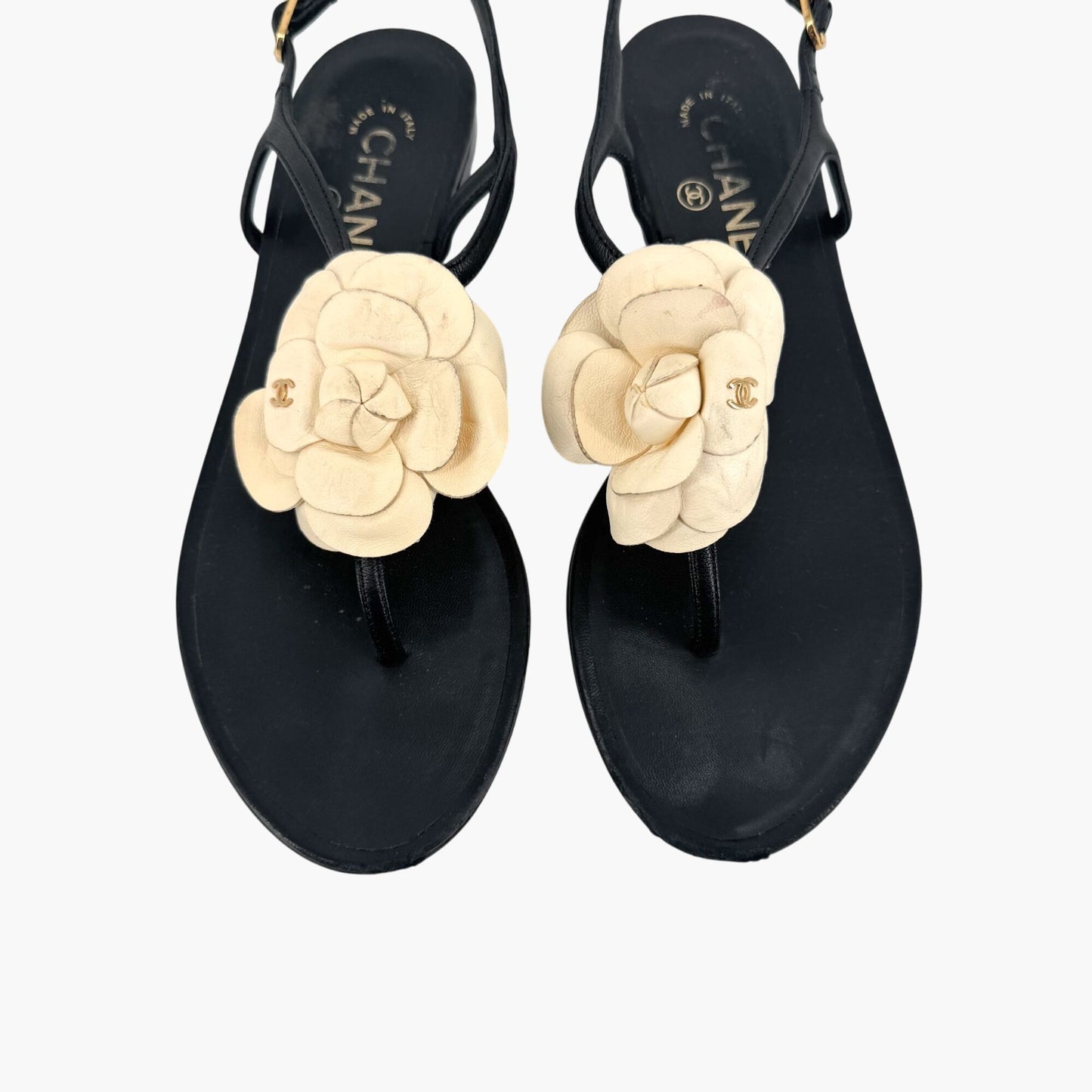Chanel Camellia CC T-Strap Flat Sandals in Black & Ivory Leather Size 37.5C