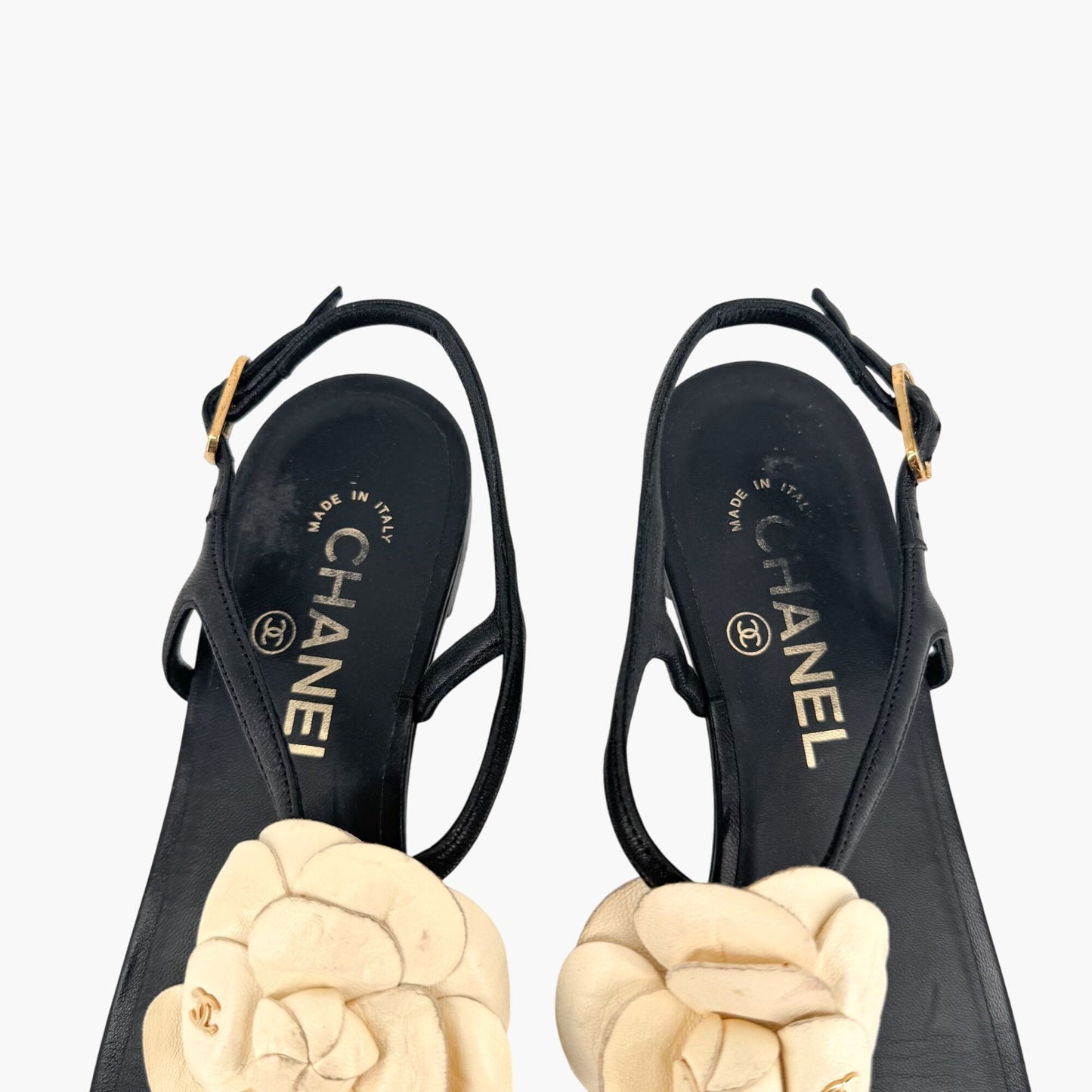 Chanel Camellia CC T-Strap Flat Sandals in Black & Ivory Leather Size 37.5C