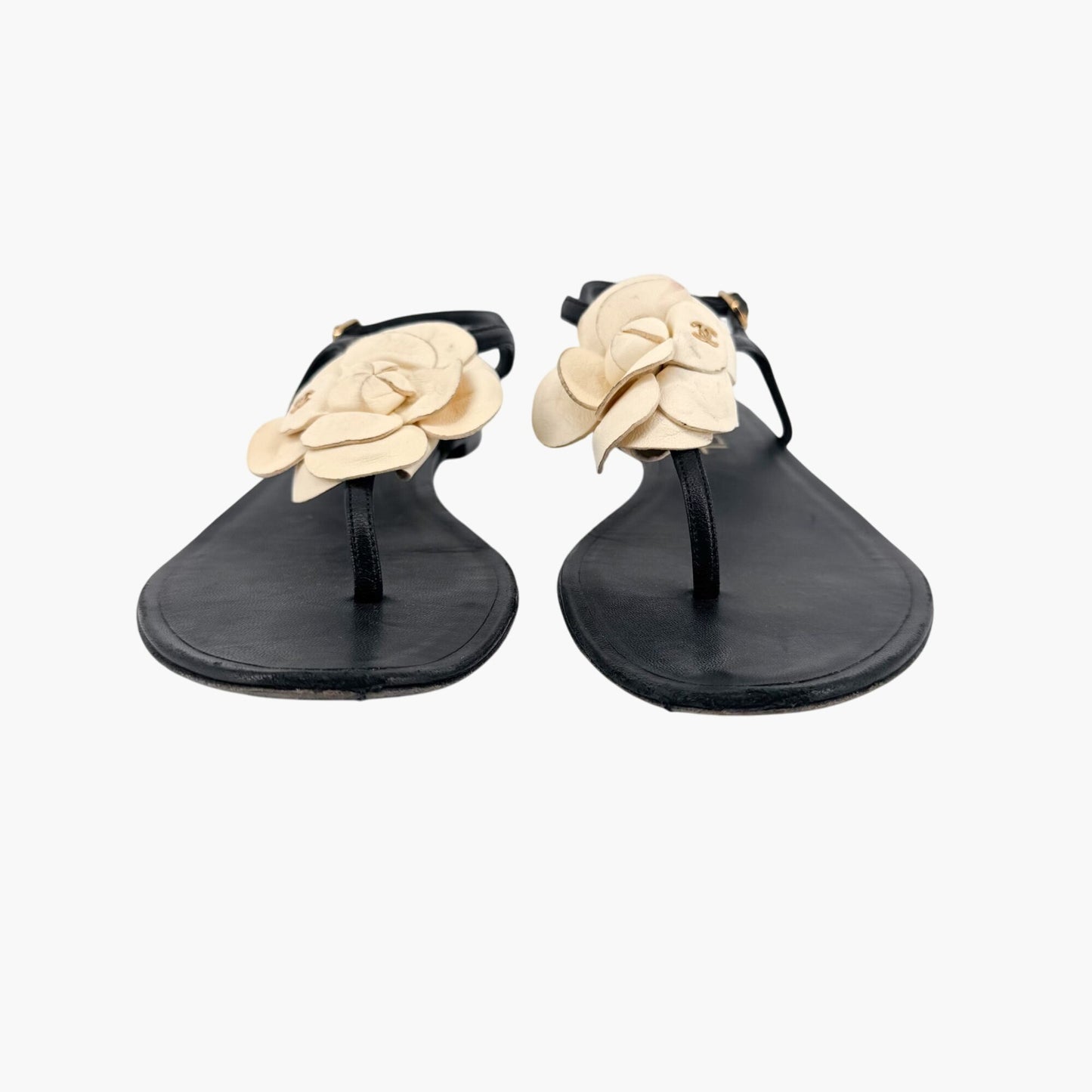 Chanel Camellia CC T-Strap Flat Sandals in Black & Ivory Leather Size 37.5C