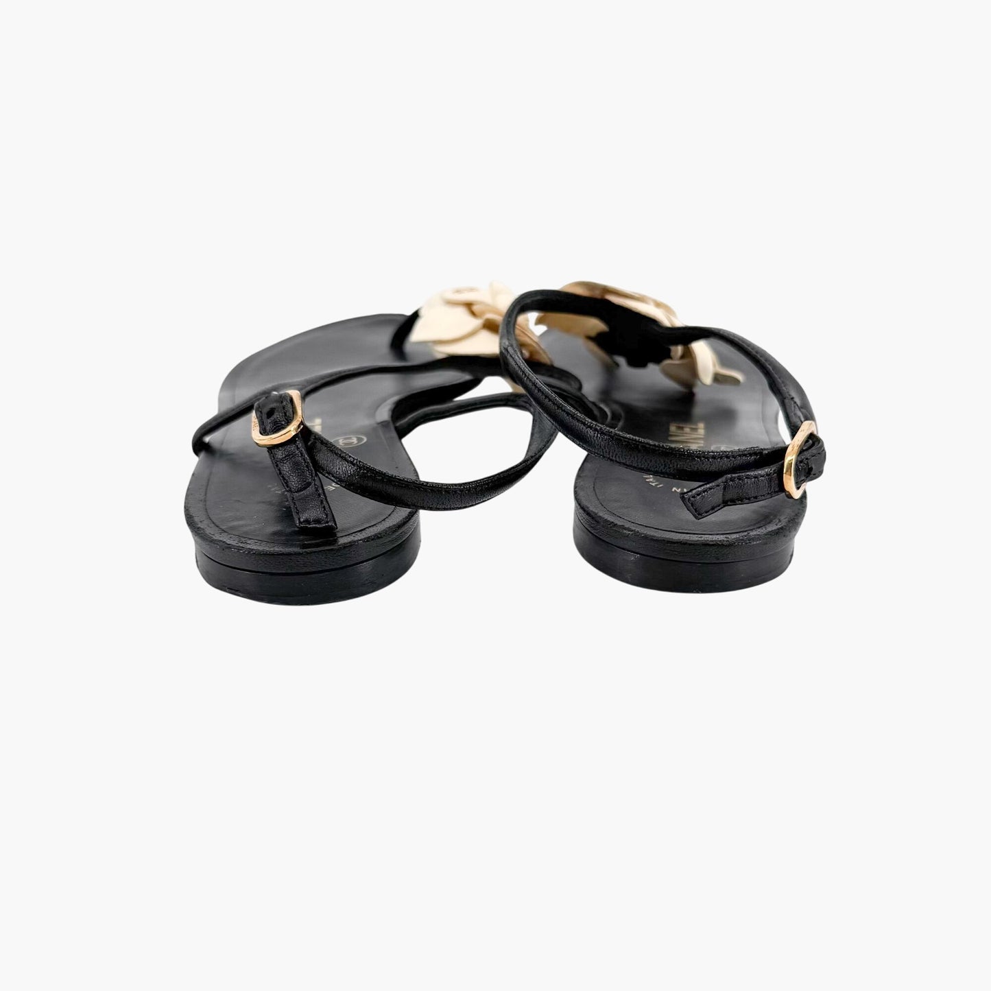 Chanel Camellia CC T-Strap Flat Sandals in Black & Ivory Leather Size 37.5C