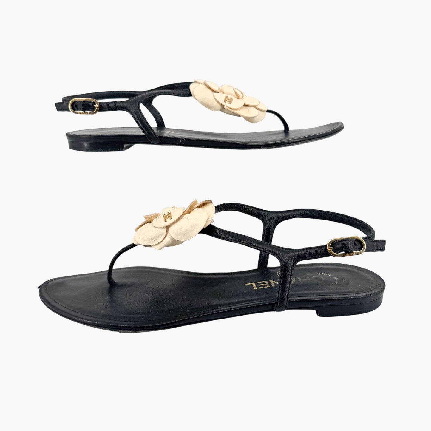 Chanel Camellia CC T-Strap Flat Sandals in Black & Ivory Leather Size 37.5C