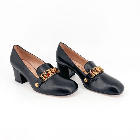 Gucci Black Leather Sylvie Chain Block Heel Pumps – Size 37