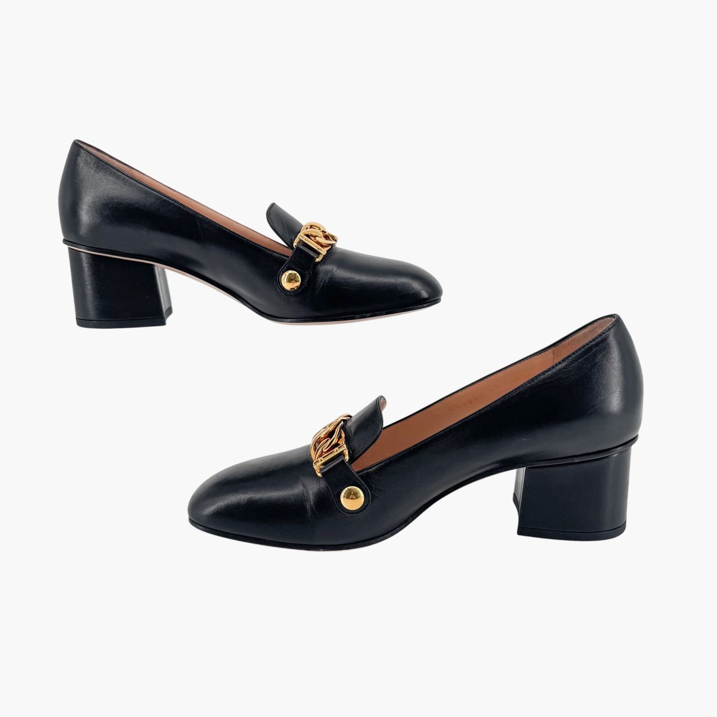 Gucci Black Leather Sylvie Chain Block Heel Pumps – Size 37