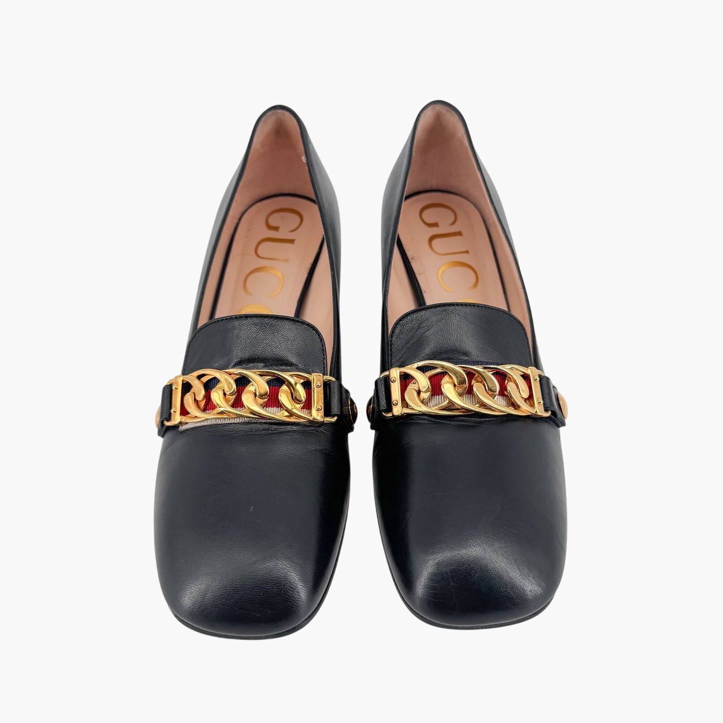 Gucci Black Leather Sylvie Chain Block Heel Pumps – Size 37