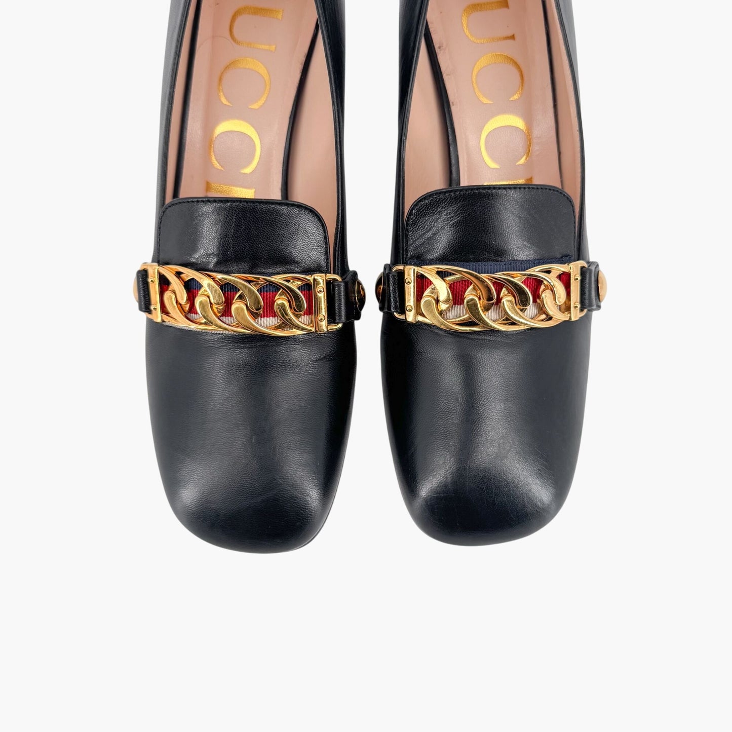 Gucci Black Leather Sylvie Chain Block Heel Pumps – Size 37
