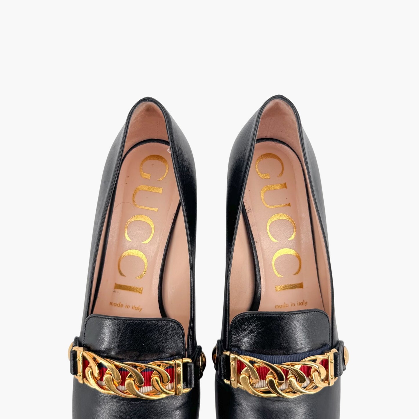 Gucci Black Leather Sylvie Chain Block Heel Pumps – Size 37