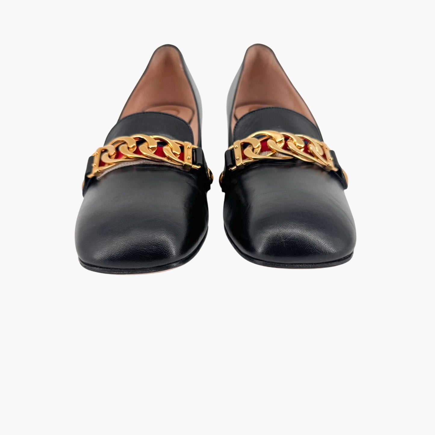 Gucci Black Leather Sylvie Chain Block Heel Pumps – Size 37