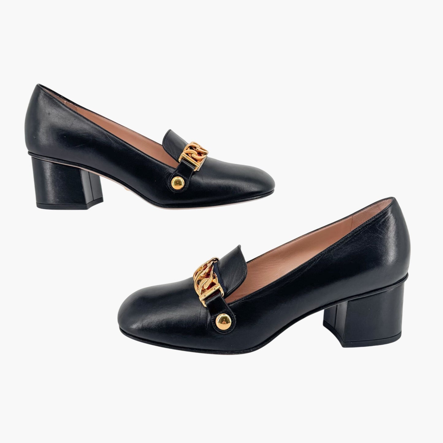 Gucci Black Leather Sylvie Chain Block Heel Pumps – Size 37