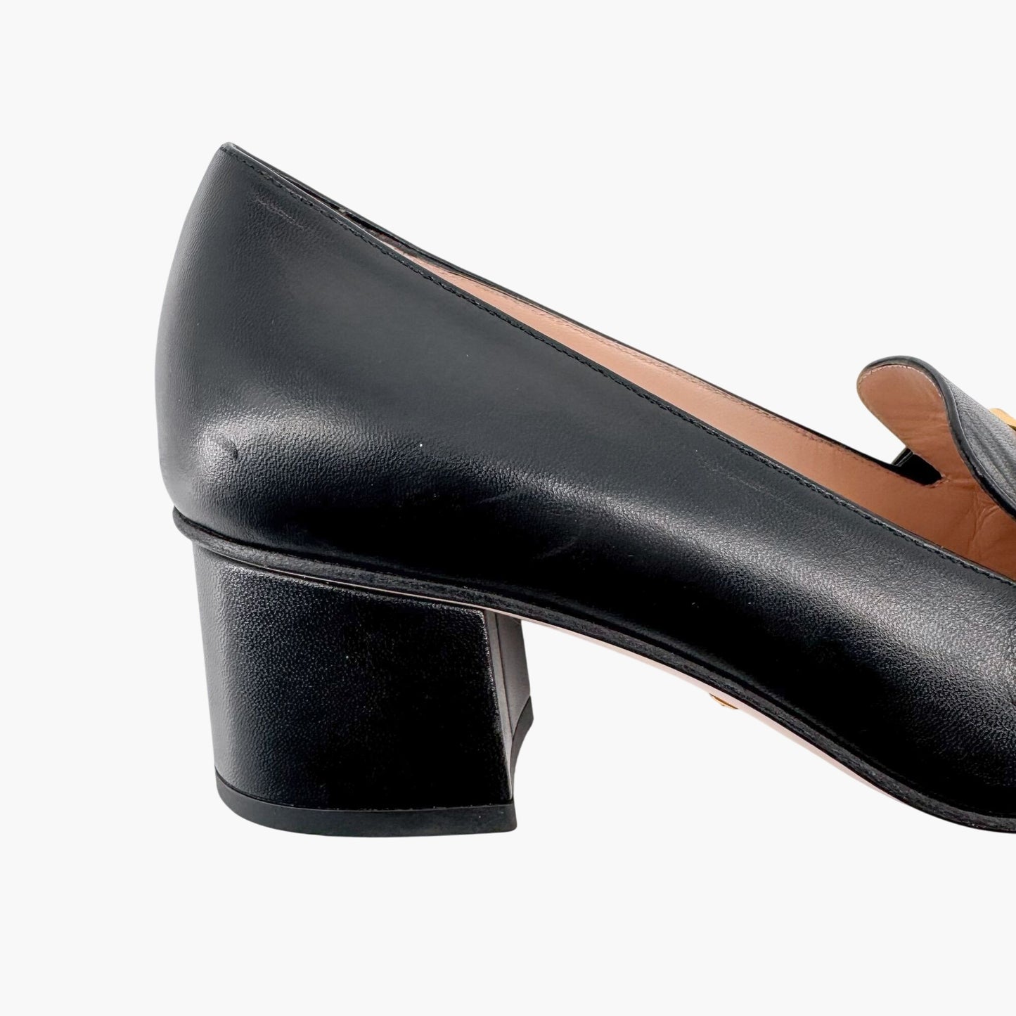 Gucci Black Leather Sylvie Chain Block Heel Pumps – Size 37