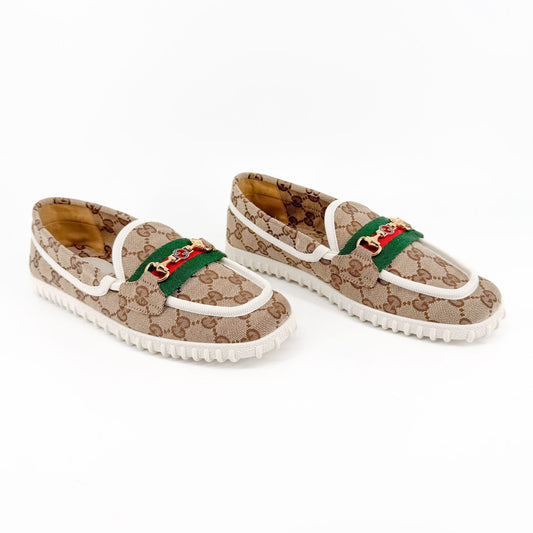 Gucci G Interlock Driving Loafers in Beige GG Monogram Canvas Size 37