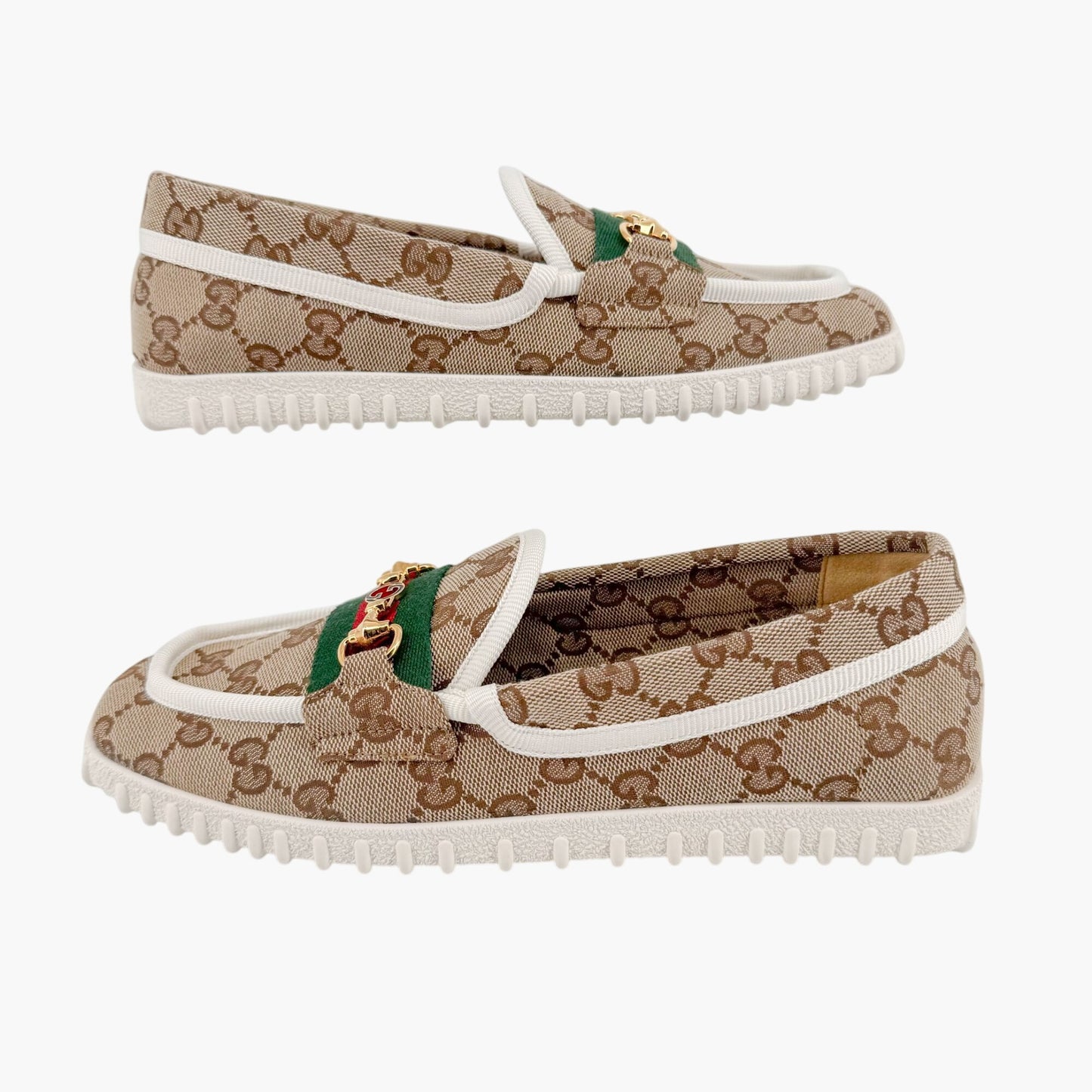 Gucci G Interlock Driving Loafers in Beige GG Monogram Canvas Size 37