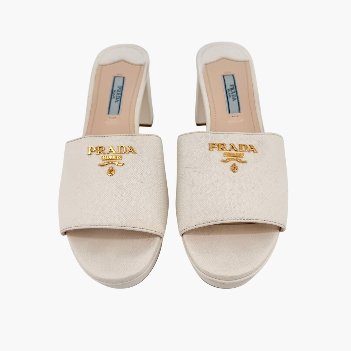 Prada Block Heel Platform Slide Sandals in White Saffiano Size 39