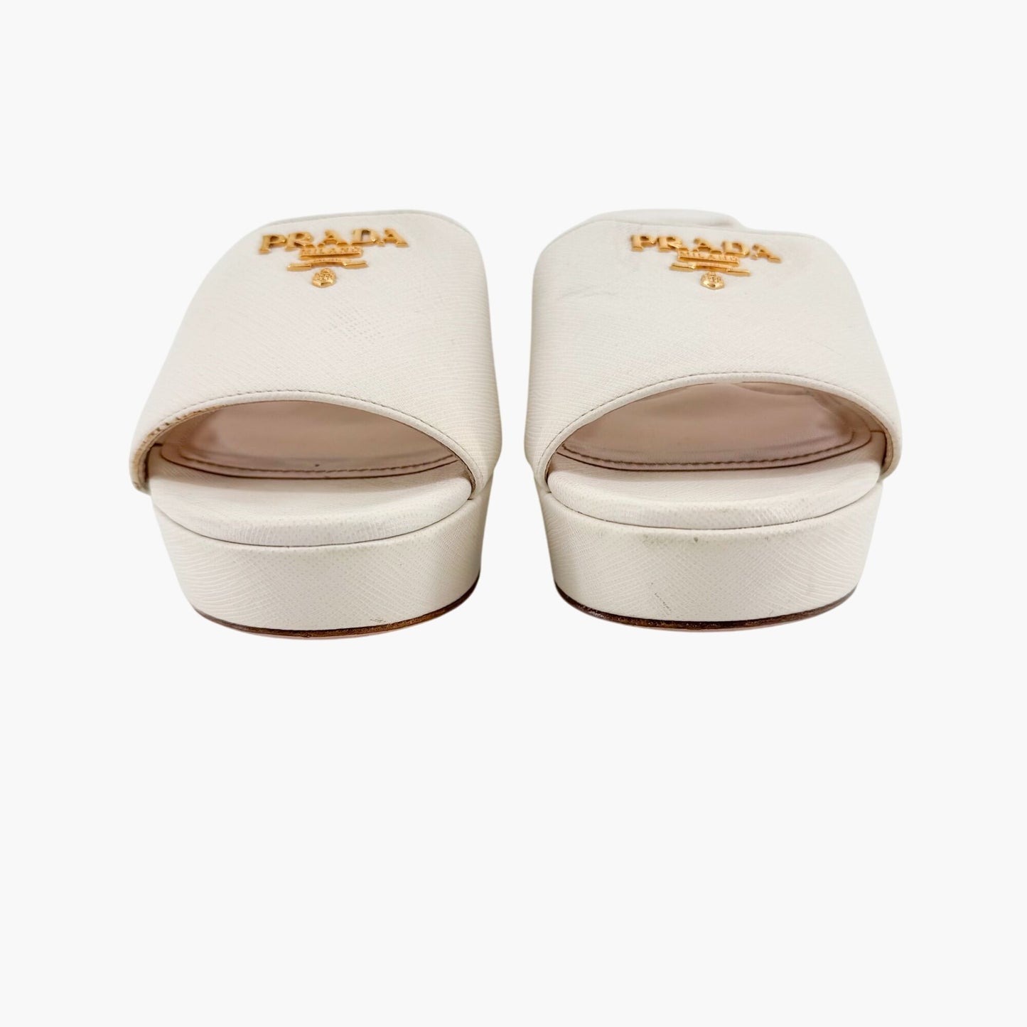 Prada Block Heel Platform Slide Sandals in White Saffiano Size 39