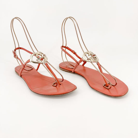 Gucci GG Heart T-Strap Flat Sandals in Coral Rose Leather Size 37
