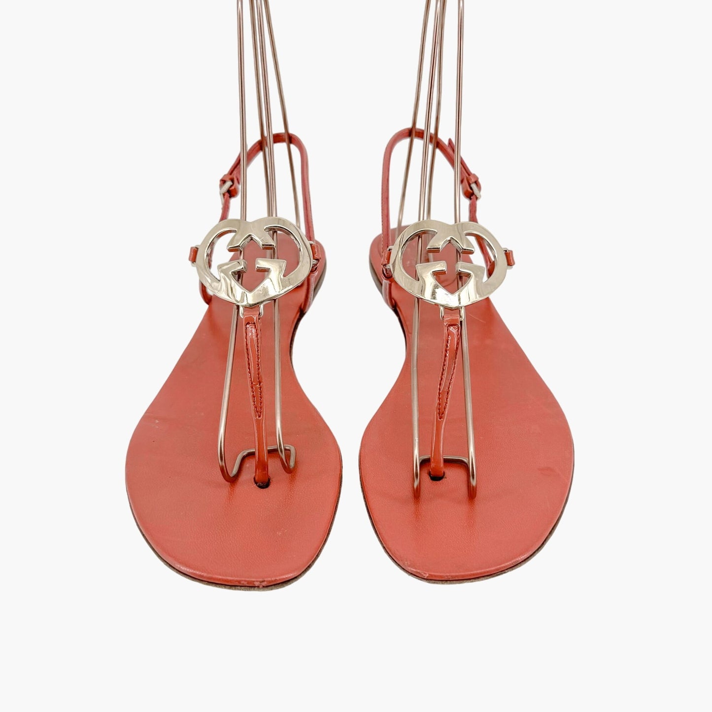 Gucci GG Heart T-Strap Flat Sandals in Coral Rose Leather Size 37