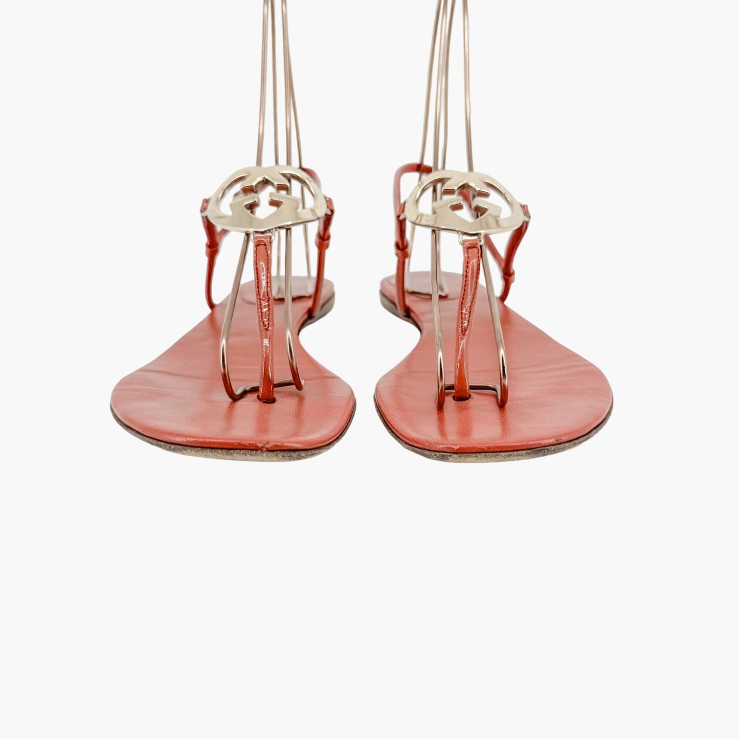 Gucci GG Heart T-Strap Flat Sandals in Coral Rose Leather Size 37