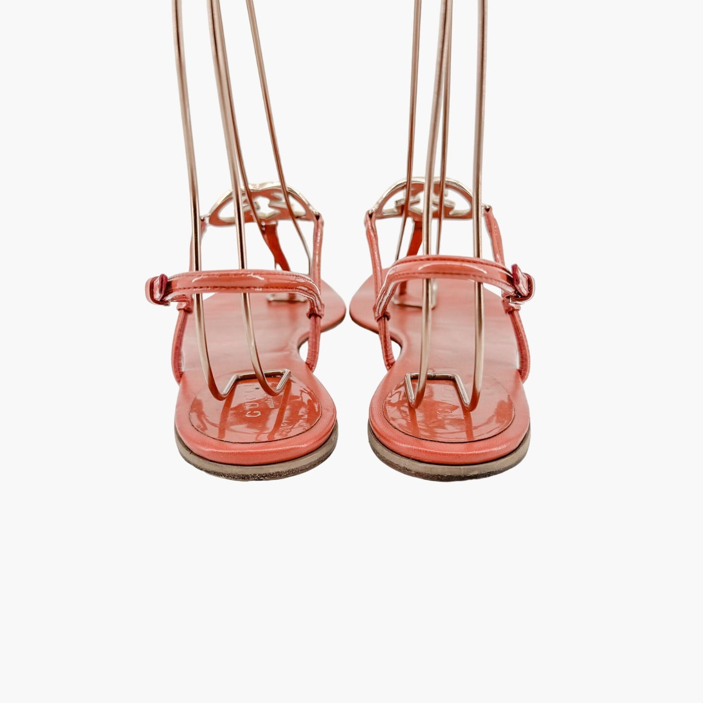 Gucci GG Heart T-Strap Flat Sandals in Coral Rose Leather Size 37