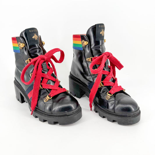 Gucci Trip Rainbow Lace Up Combat Boots in Black Leather Size 37.5