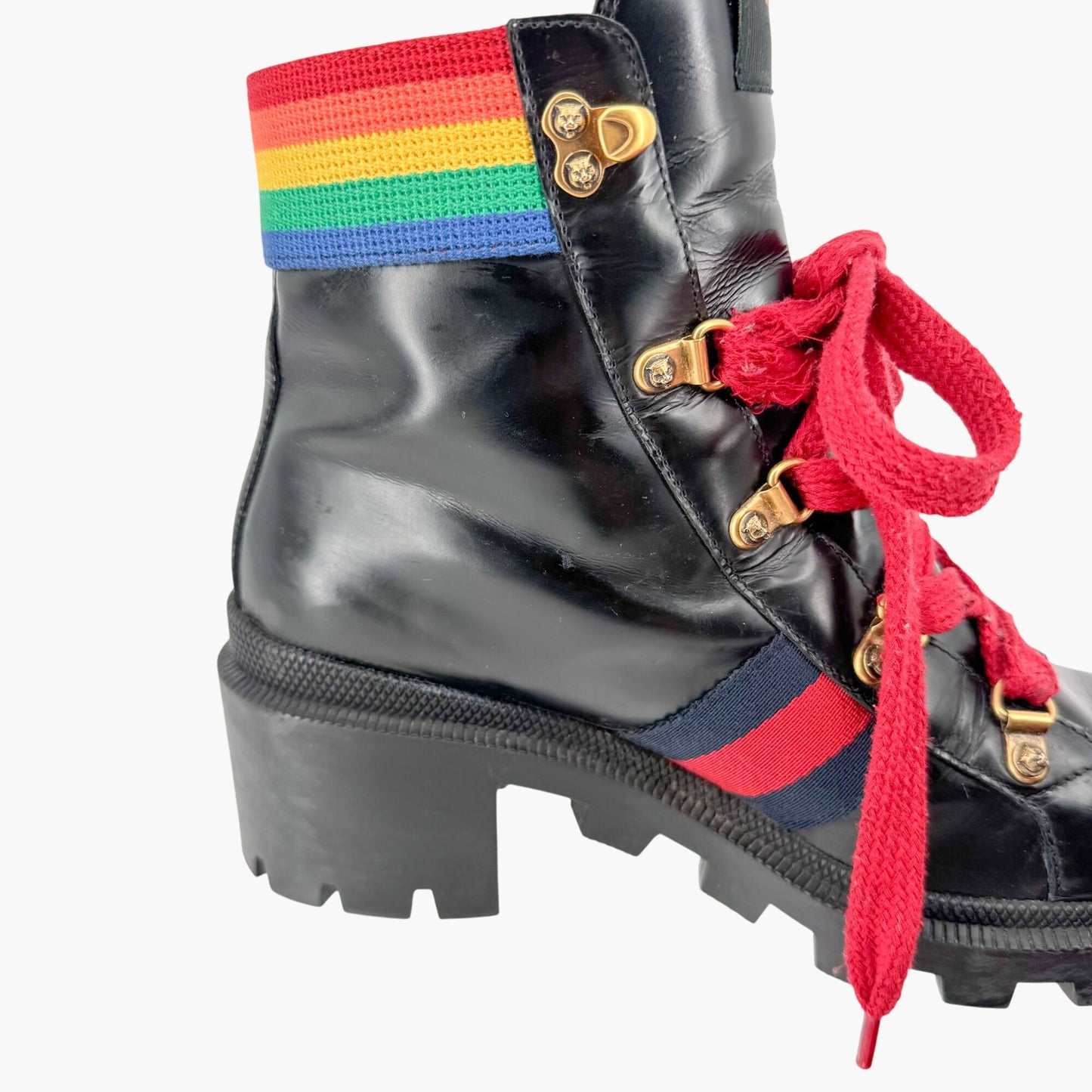 Gucci Trip Rainbow Lace Up Combat Boots in Black Leather Size 37.5