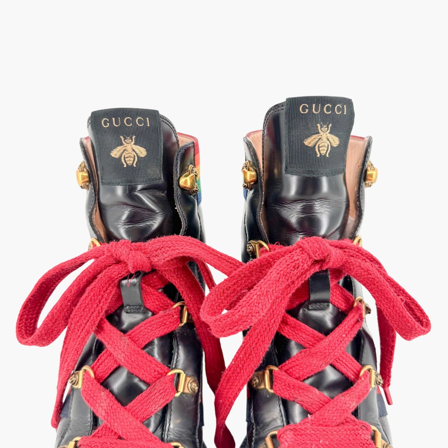 Gucci Trip Rainbow Lace Up Combat Boots in Black Leather Size 37.5