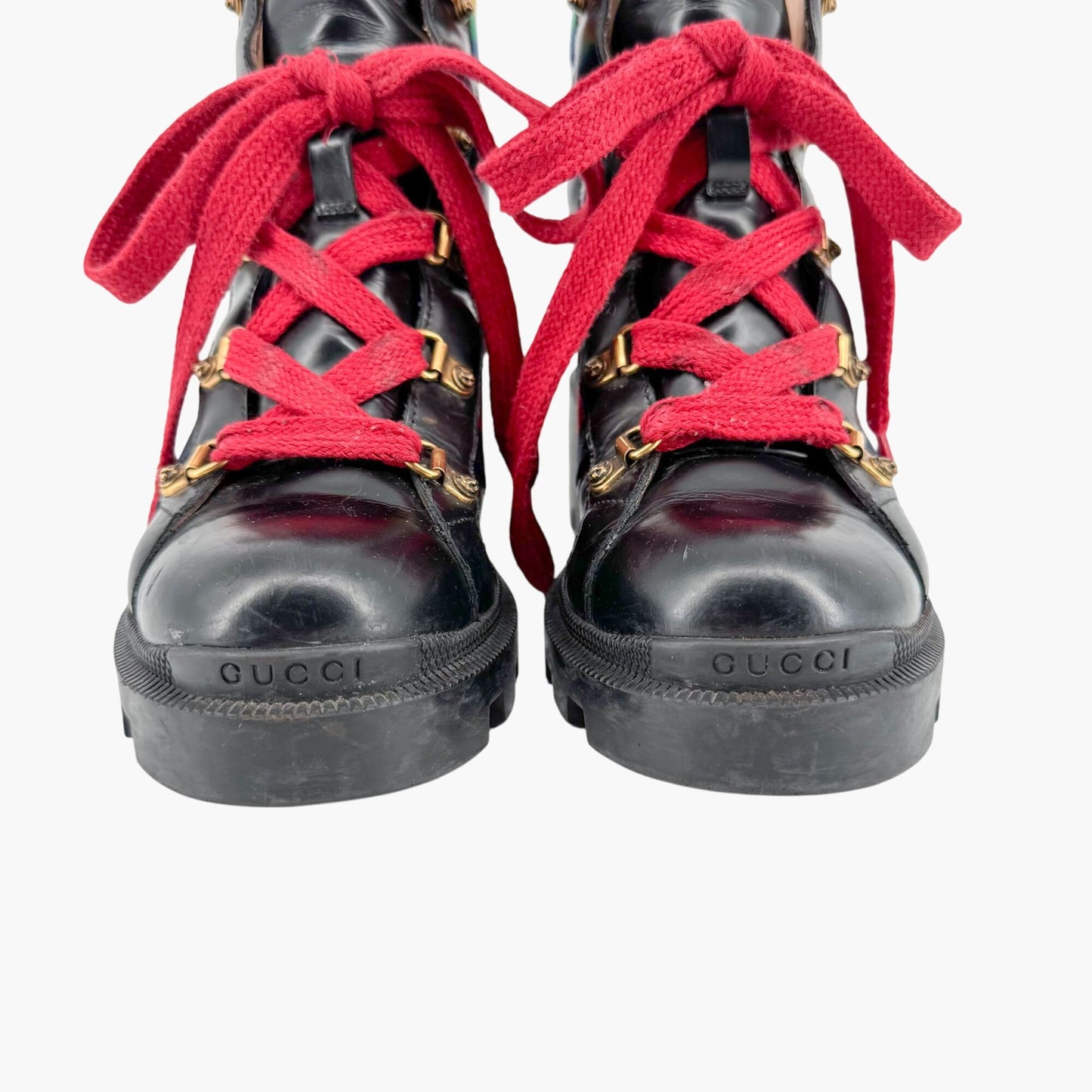 Gucci Trip Rainbow Lace Up Combat Boots in Black Leather Size 37.5