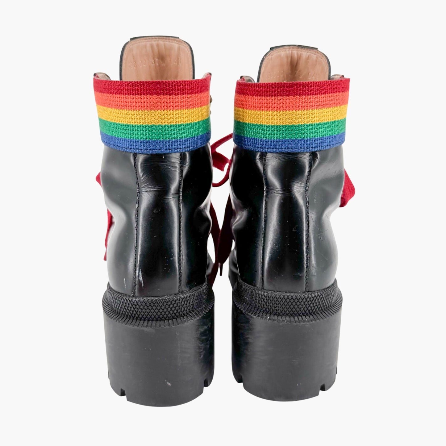 Gucci Trip Rainbow Lace Up Combat Boots in Black Leather Size 37.5