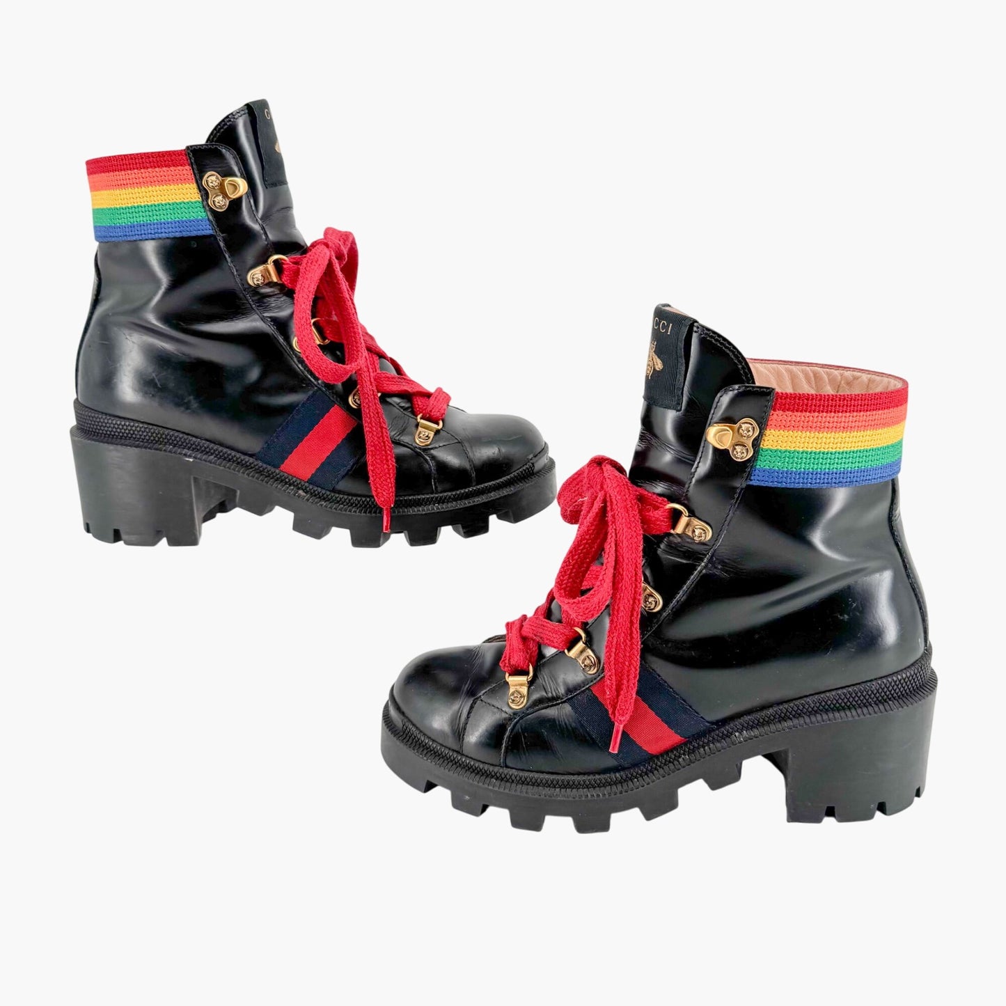 Gucci Trip Rainbow Lace Up Combat Boots in Black Leather Size 37.5