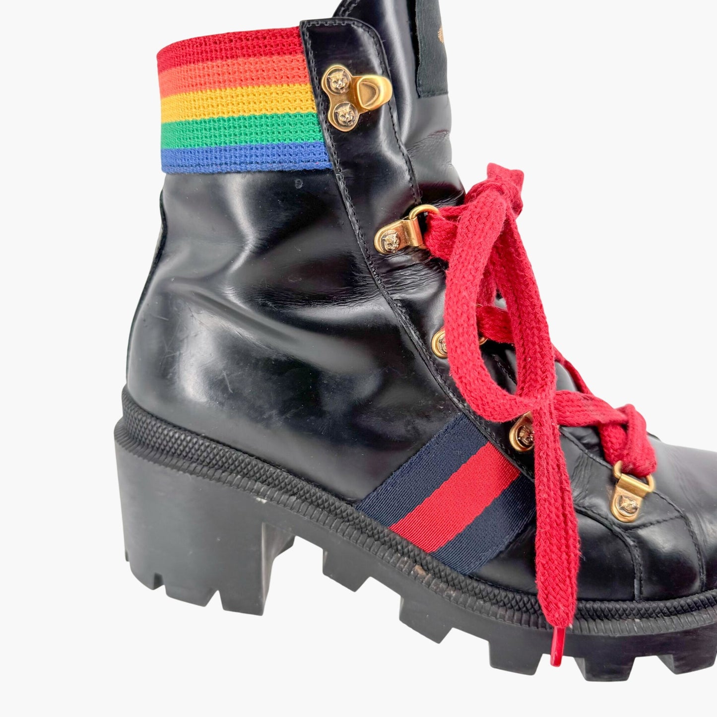Gucci Trip Rainbow Lace Up Combat Boots in Black Leather Size 37.5