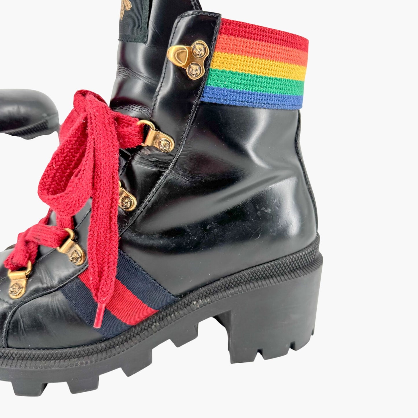 Gucci Trip Rainbow Lace Up Combat Boots in Black Leather Size 37.5
