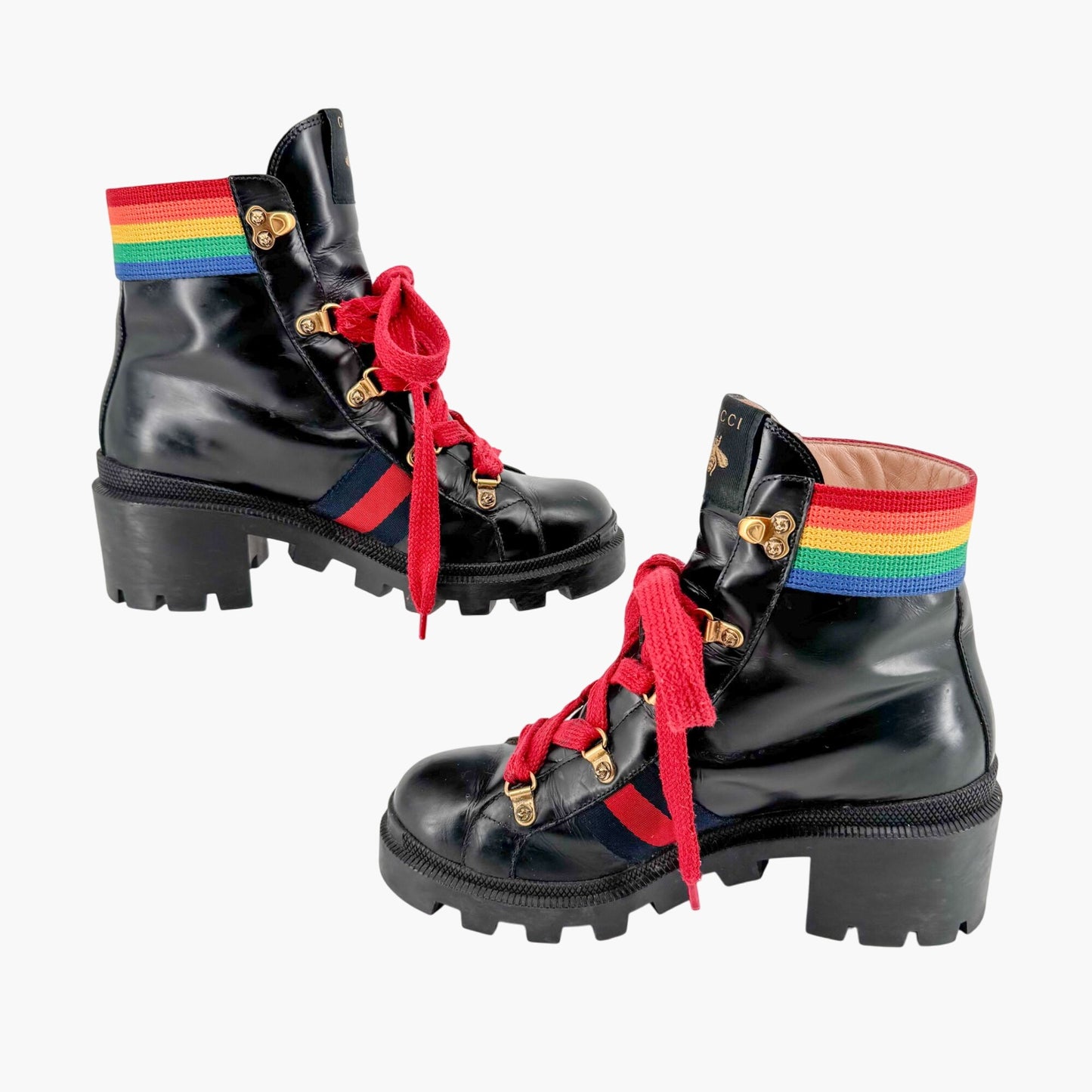 Gucci Trip Rainbow Lace Up Combat Boots in Black Leather Size 37.5