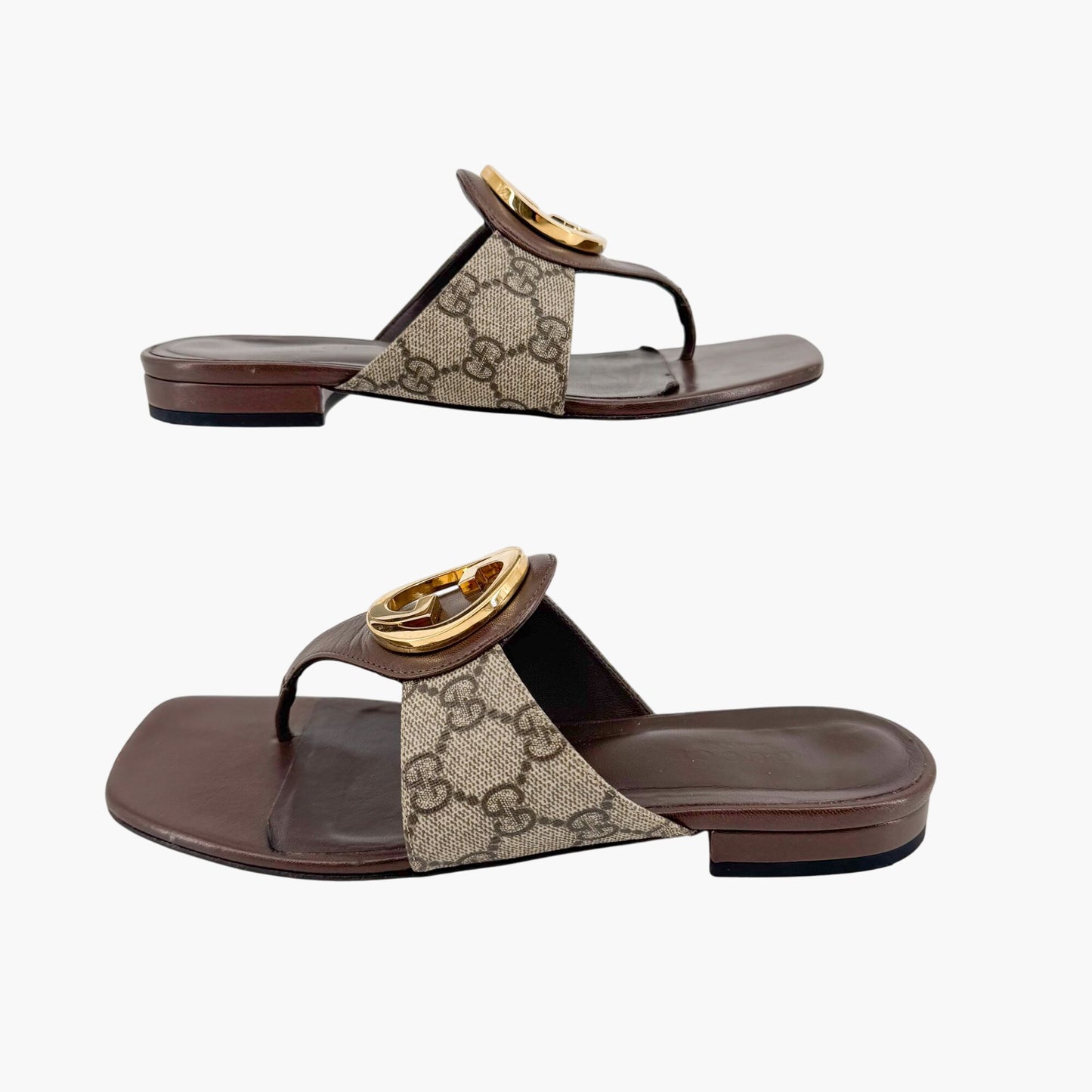 Gucci Blondie GG Canvas Thong Sandals in Beige & Brown – Size 37