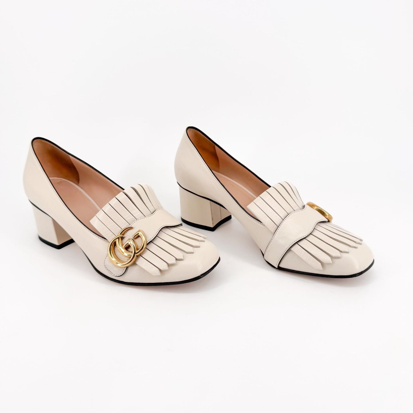 Gucci Marmont GG Fringe Loafer Pumps in White Leather – Size 37.5