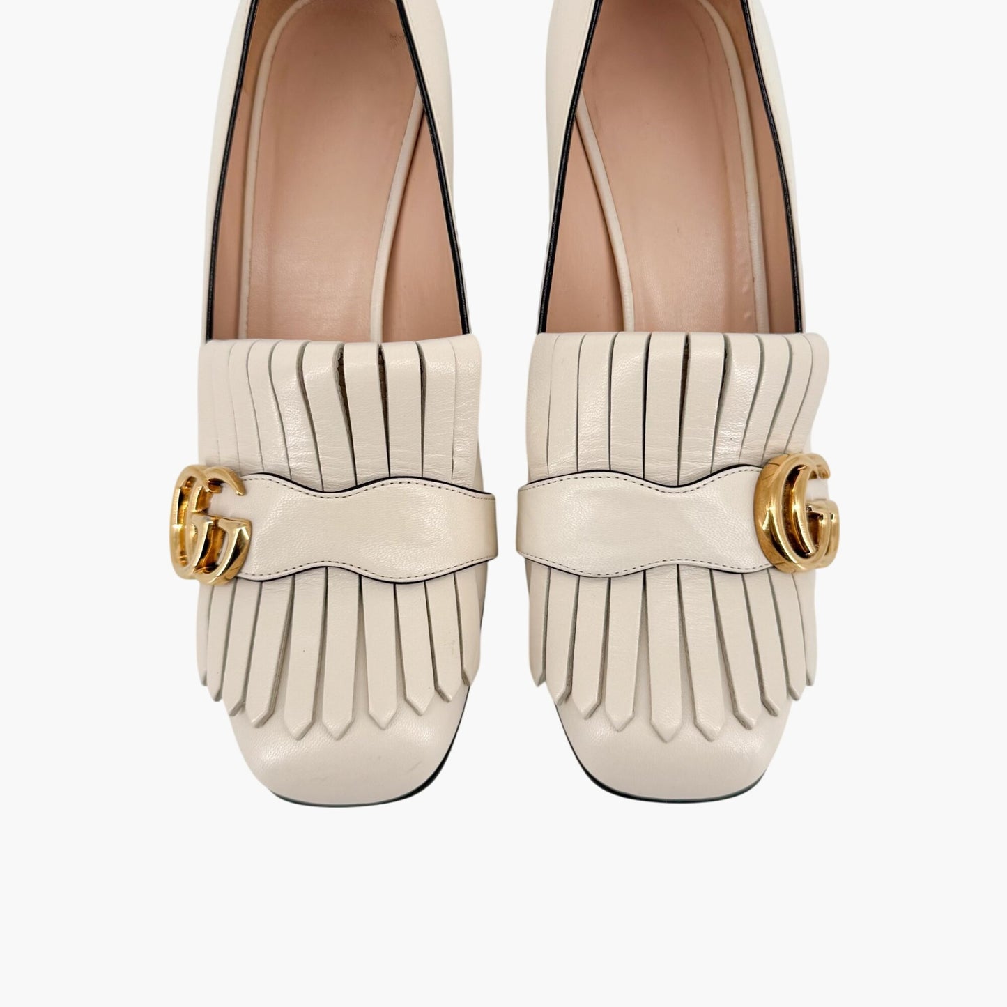 Gucci Marmont GG Fringe Loafer Pumps in White Leather – Size 37.5