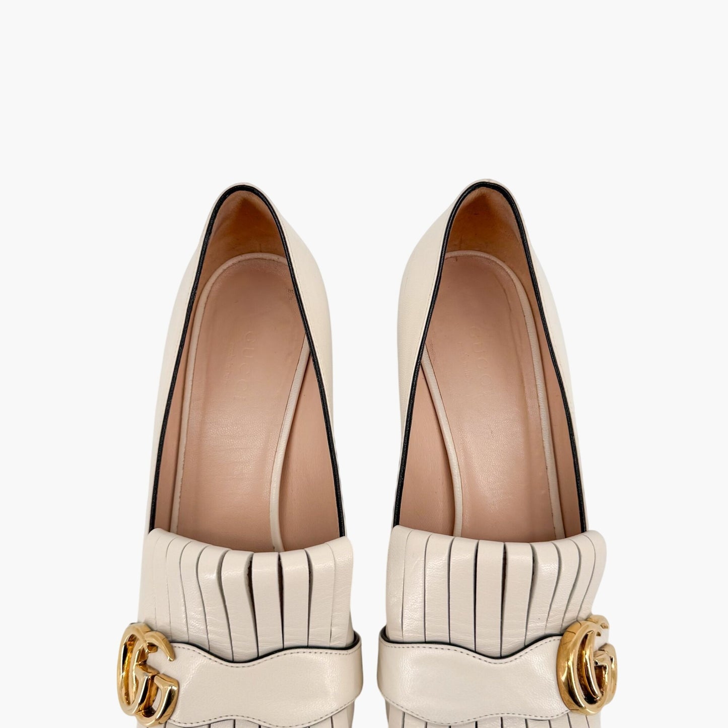 Gucci Marmont GG Fringe Loafer Pumps in White Leather – Size 37.5