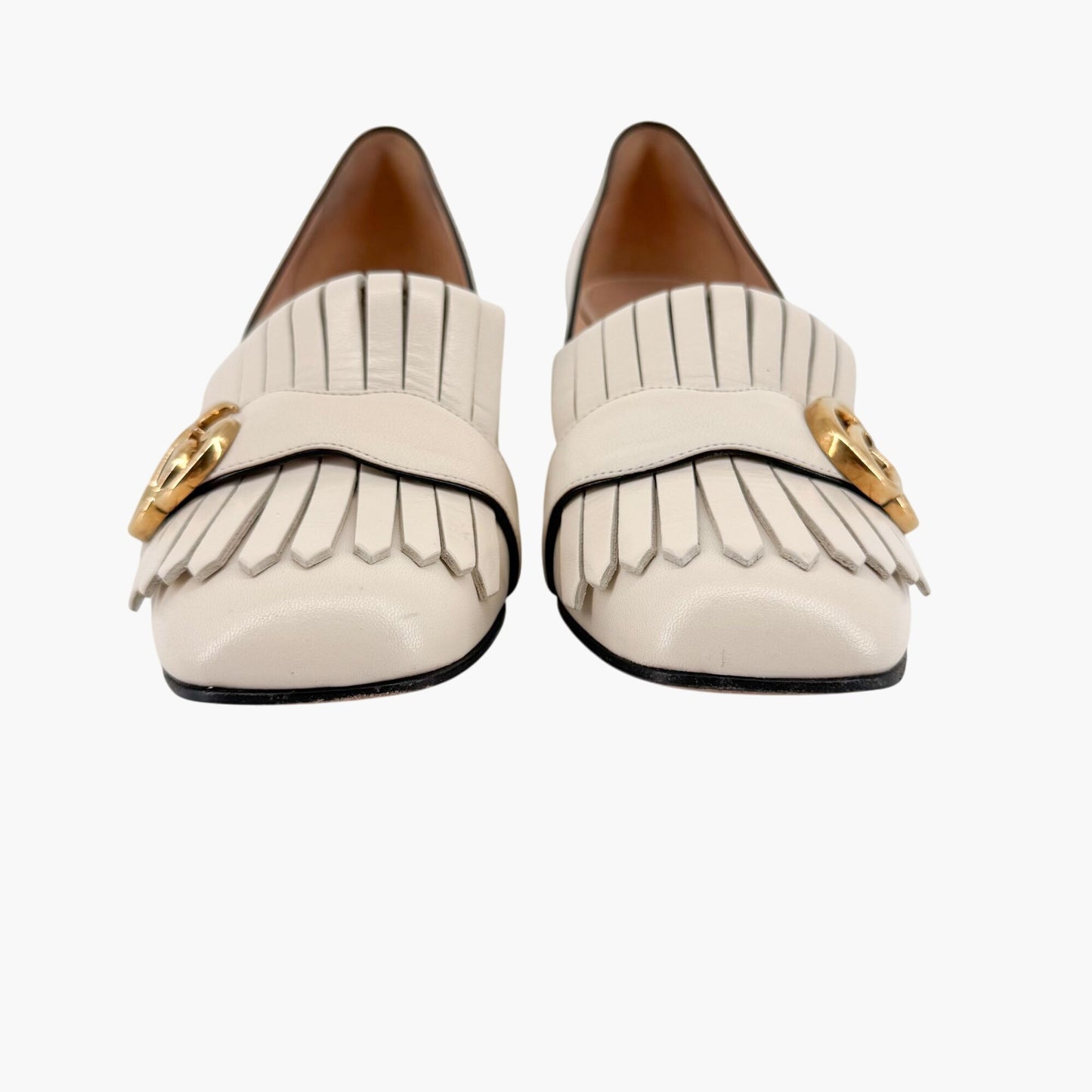 Gucci Marmont GG Fringe Loafer Pumps in White Leather – Size 37.5