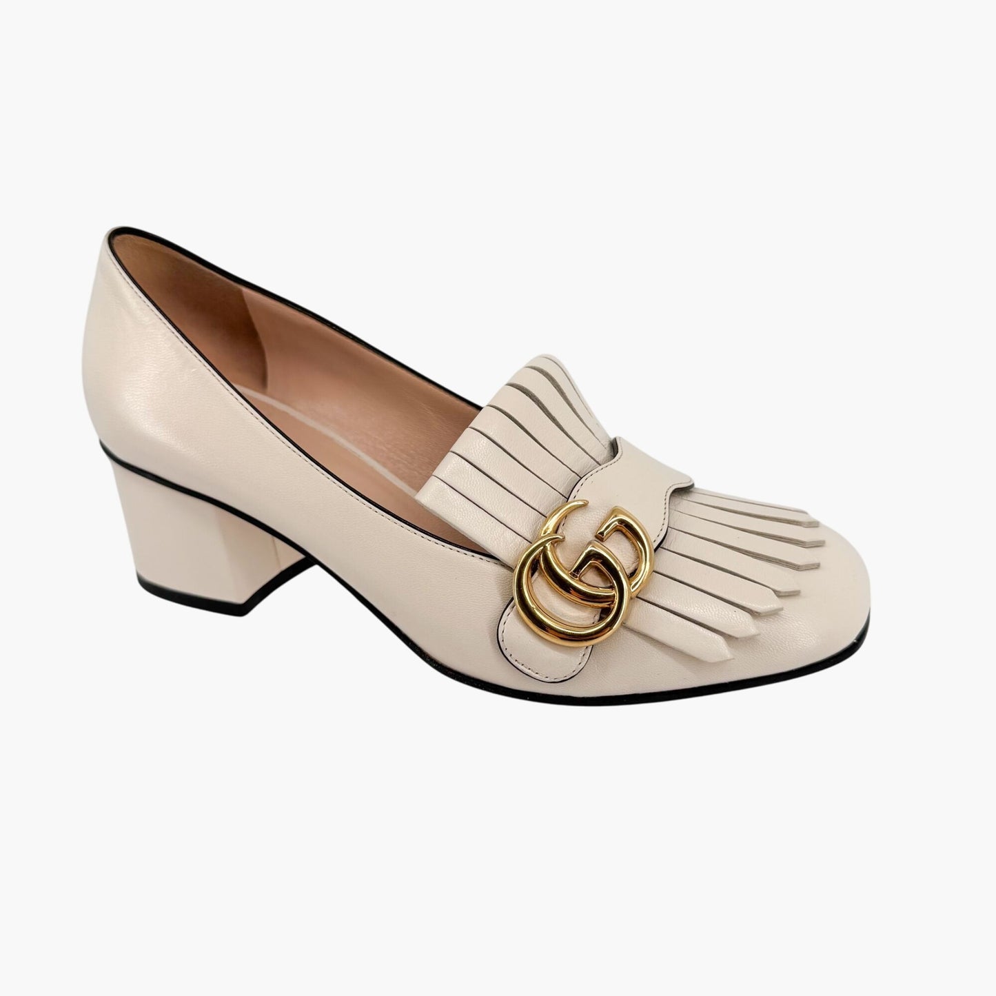 Gucci Marmont GG Fringe Loafer Pumps in White Leather – Size 37.5