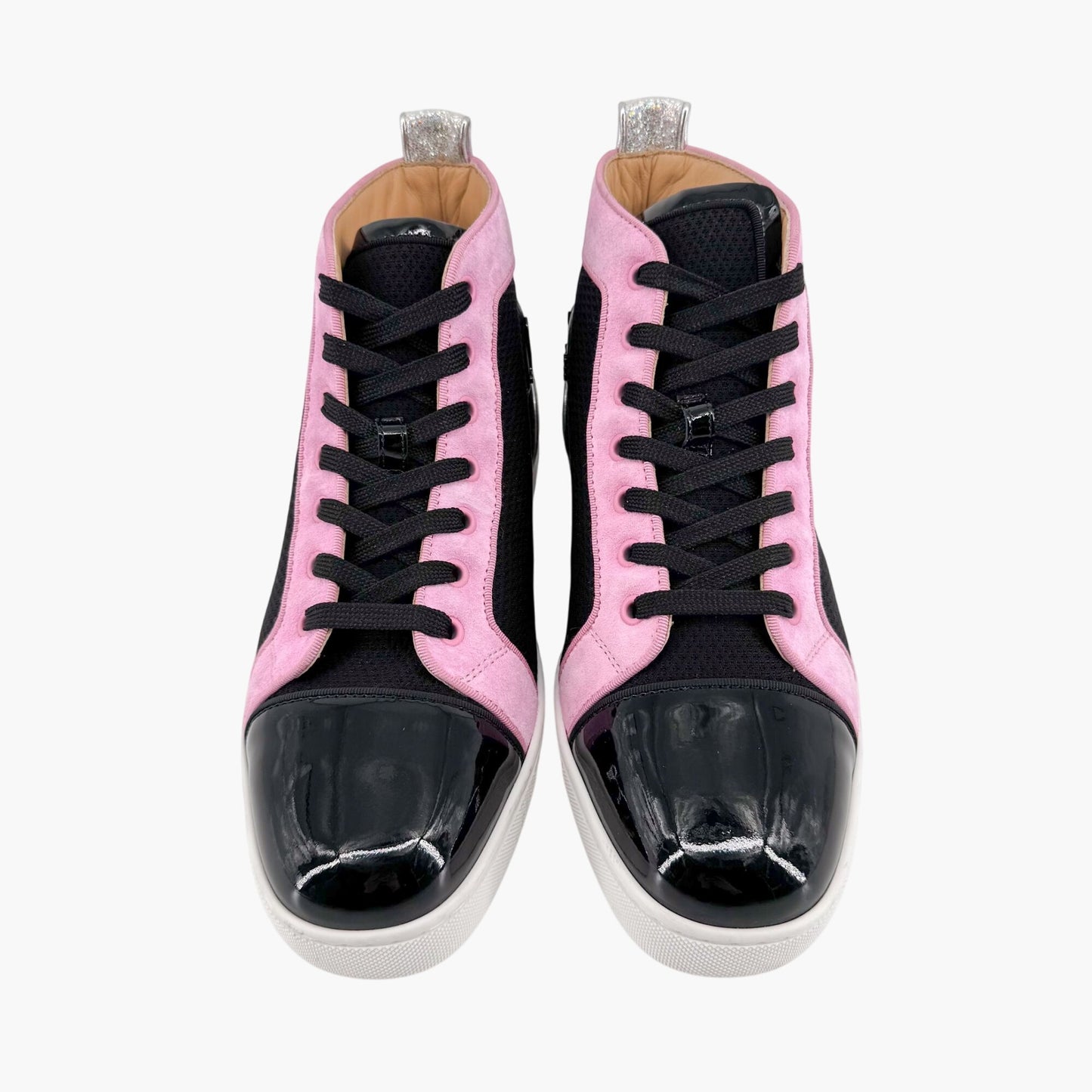 Christian Louboutin Louis Orlato High-Top Sneakers in Black Mesh & Pink Suede – Size 39.5