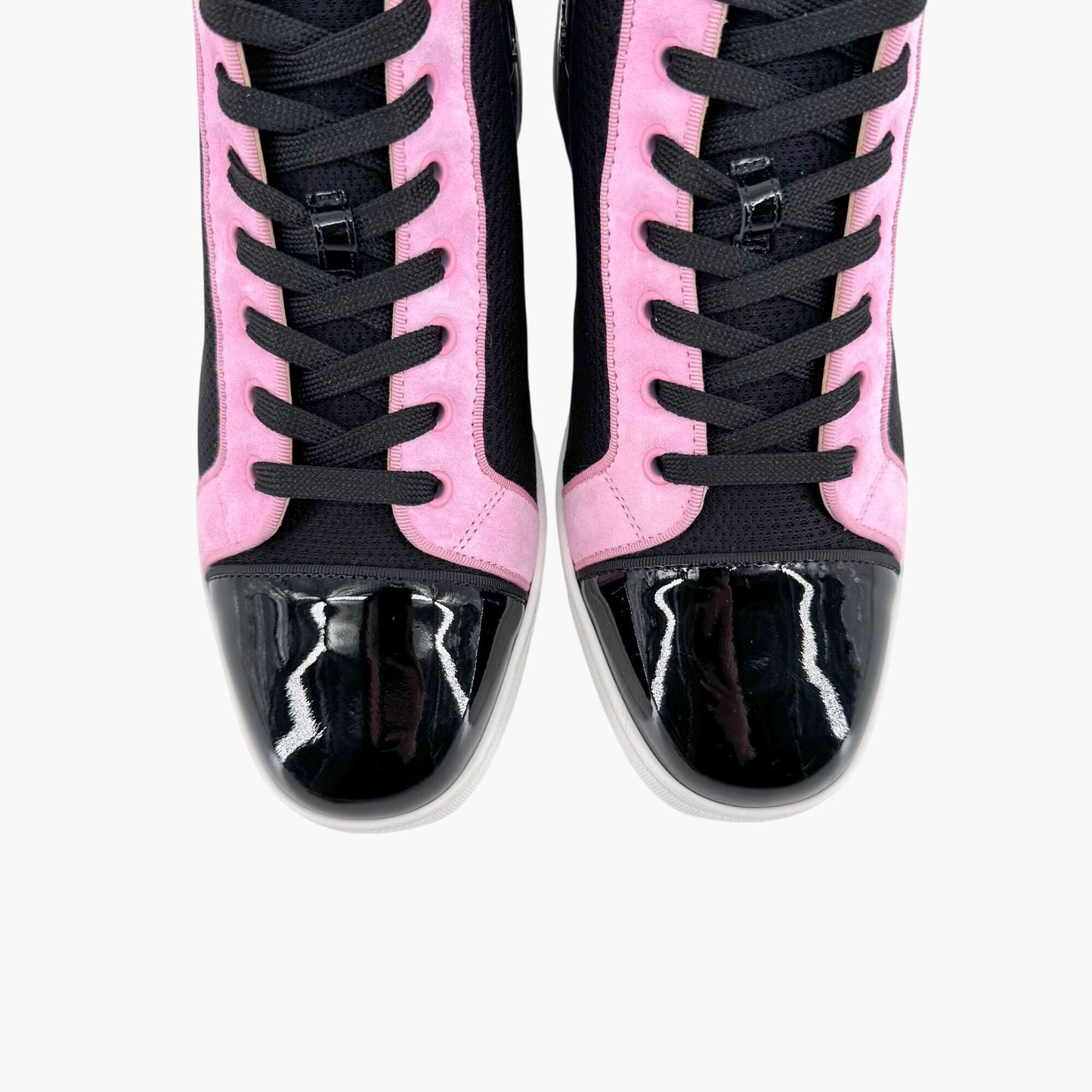 Christian Louboutin Louis Orlato High-Top Sneakers in Black Mesh & Pink Suede – Size 39.5