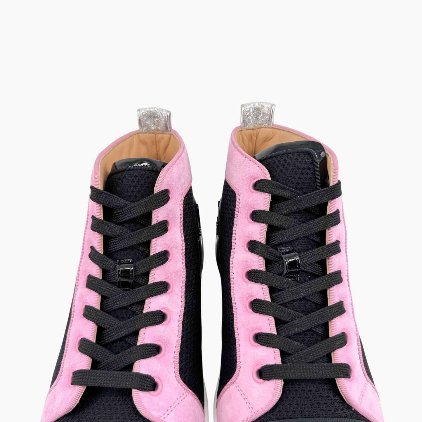 Christian Louboutin Louis Orlato High-Top Sneakers in Black Mesh & Pink Suede – Size 39.5