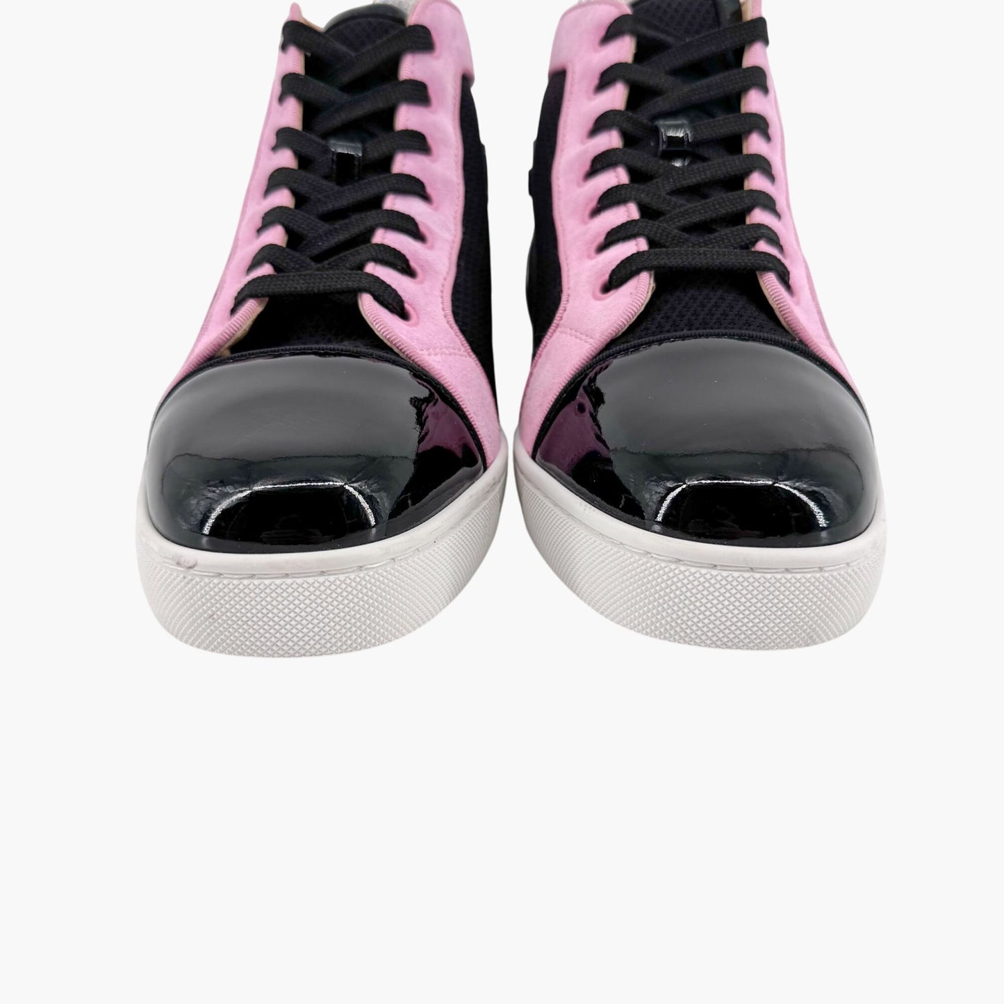 Christian Louboutin Louis Orlato High-Top Sneakers in Black Mesh & Pink Suede – Size 39.5