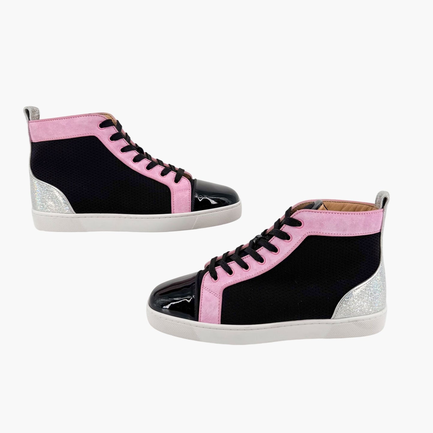 Christian Louboutin Louis Orlato High-Top Sneakers in Black Mesh & Pink Suede – Size 39.5