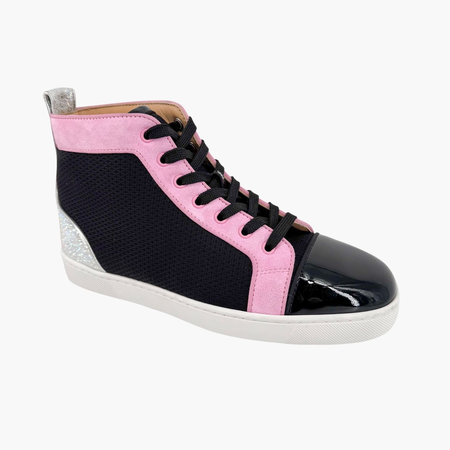 Christian Louboutin Louis Orlato High-Top Sneakers in Black Mesh & Pink Suede – Size 39.5