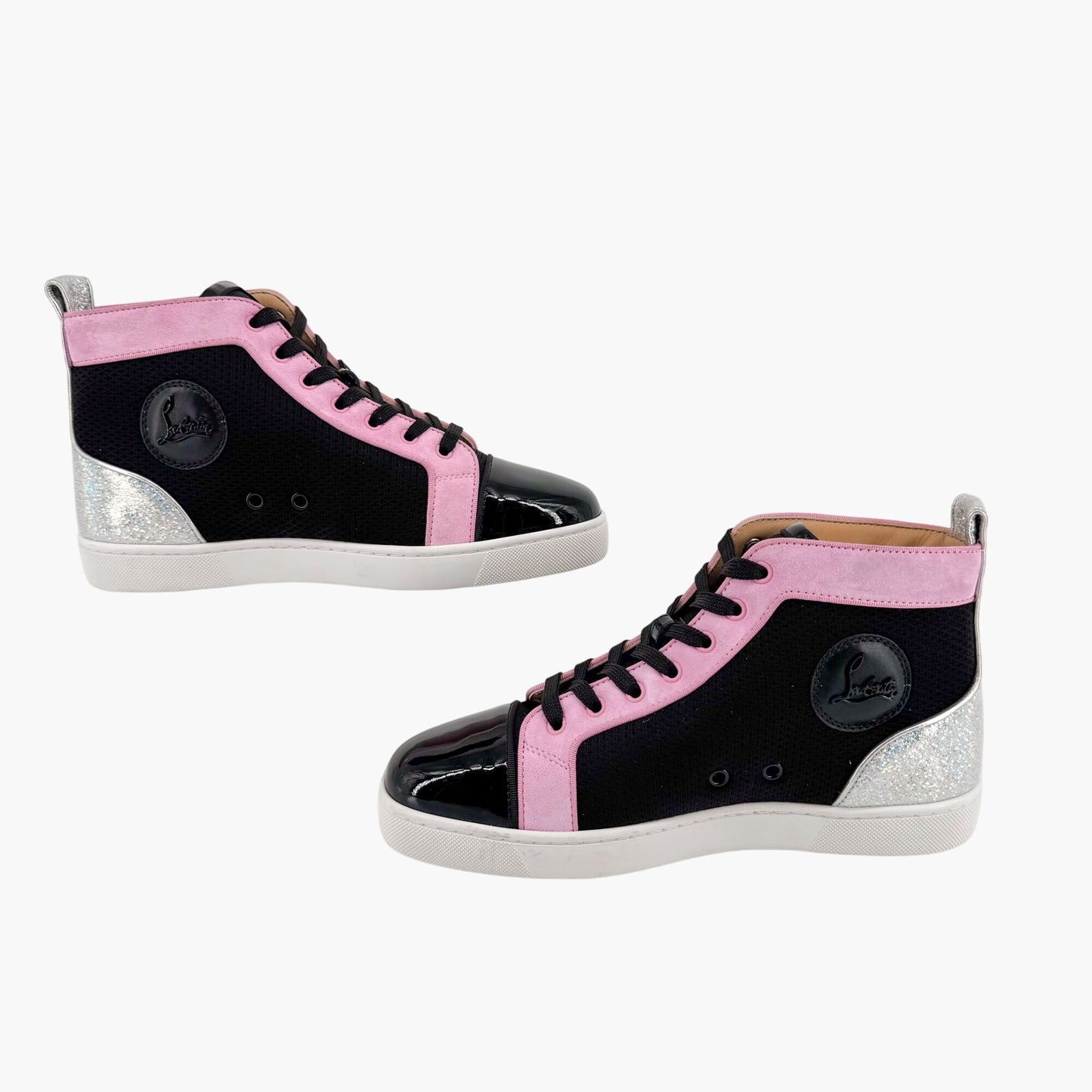Christian Louboutin Louis Orlato High-Top Sneakers in Black Mesh & Pink Suede – Size 39.5