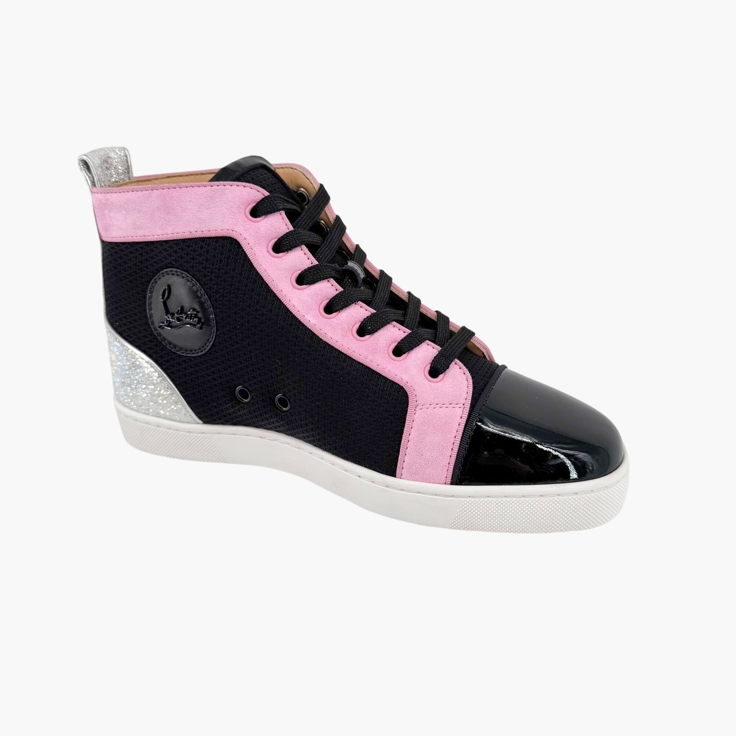 Christian Louboutin Louis Orlato High-Top Sneakers in Black Mesh & Pink Suede – Size 39.5