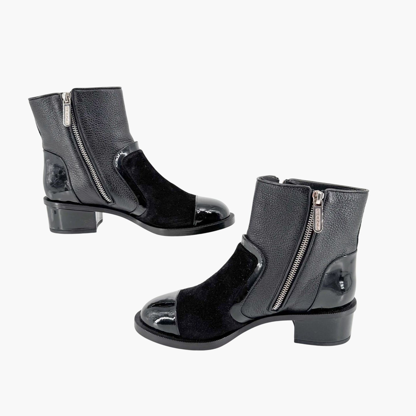 Chanel Cap Toe CC Ankle Boots in Black Leather & Suede Size 37