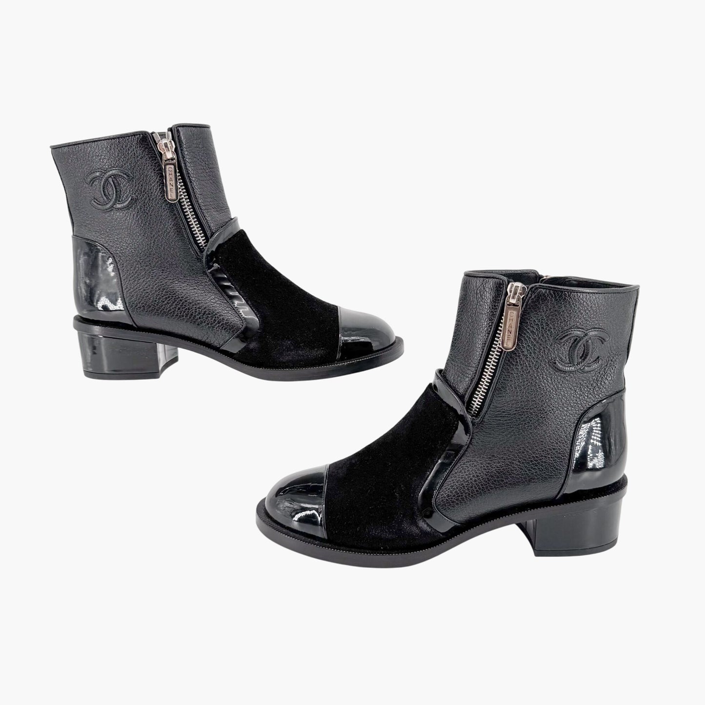 Chanel Cap Toe CC Ankle Boots in Black Leather & Suede Size 37