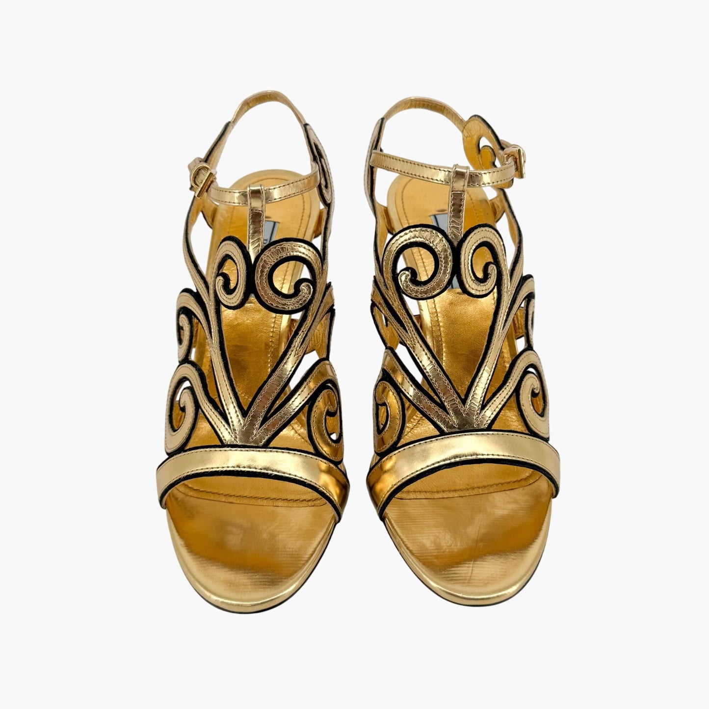 Prada Baroque Caged Sandals in Metallic Gold Leather Size 37.5